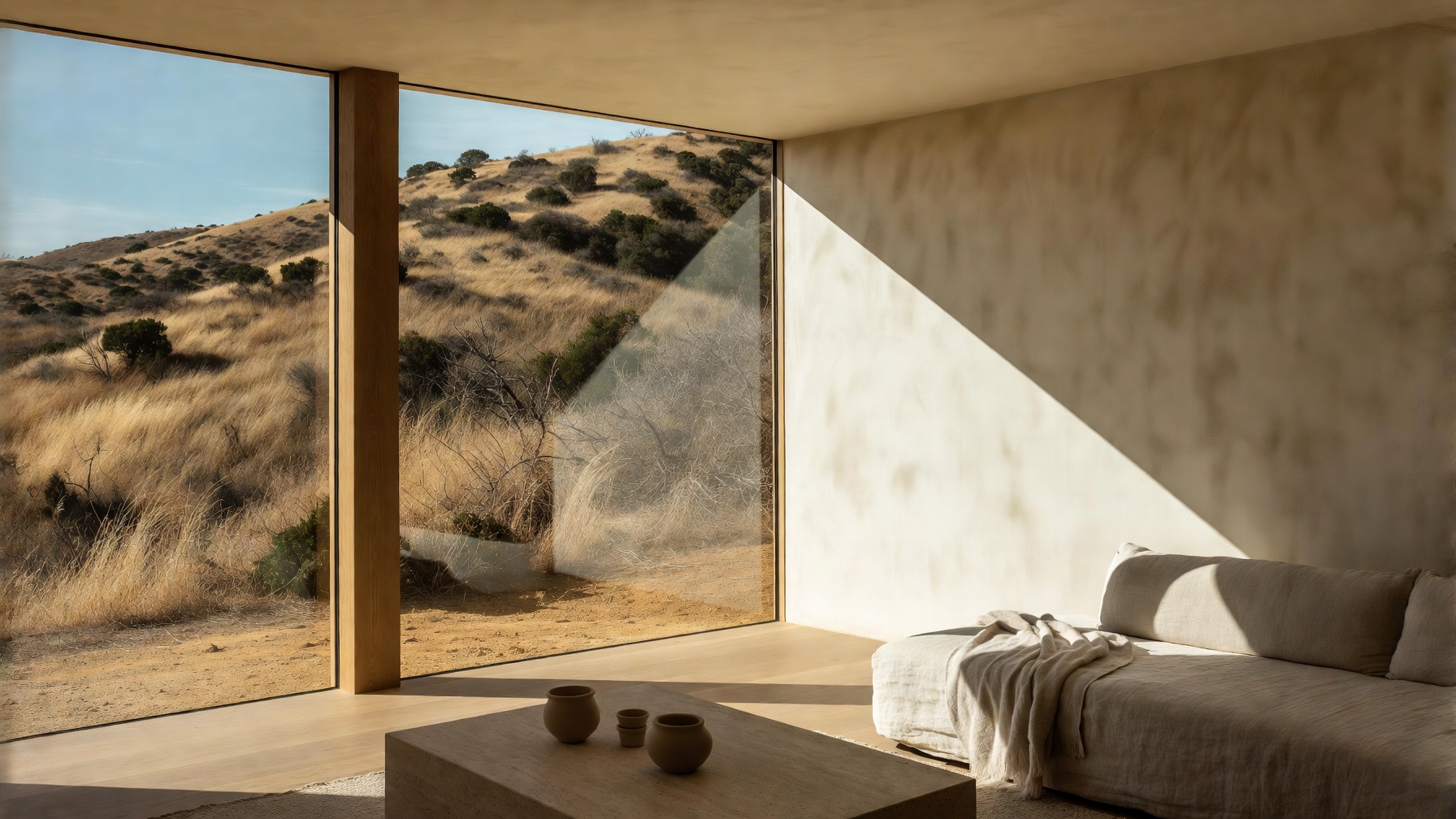 Sunlit living room with linen seating, clay vessels, and oak-framed windows