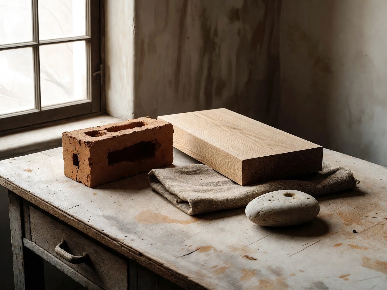 Still life of brick, oak, linen, and stone on a workbench