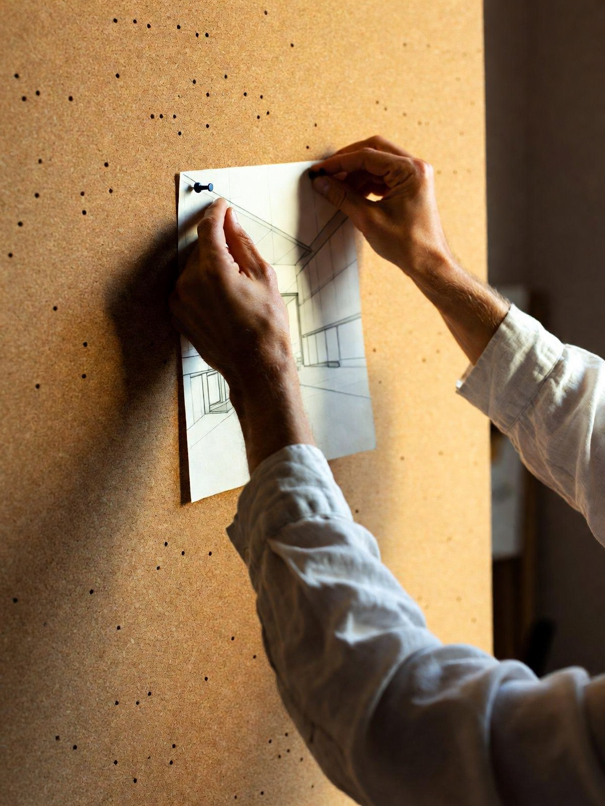 Hands pinning a pencil drawing to a cork wall
