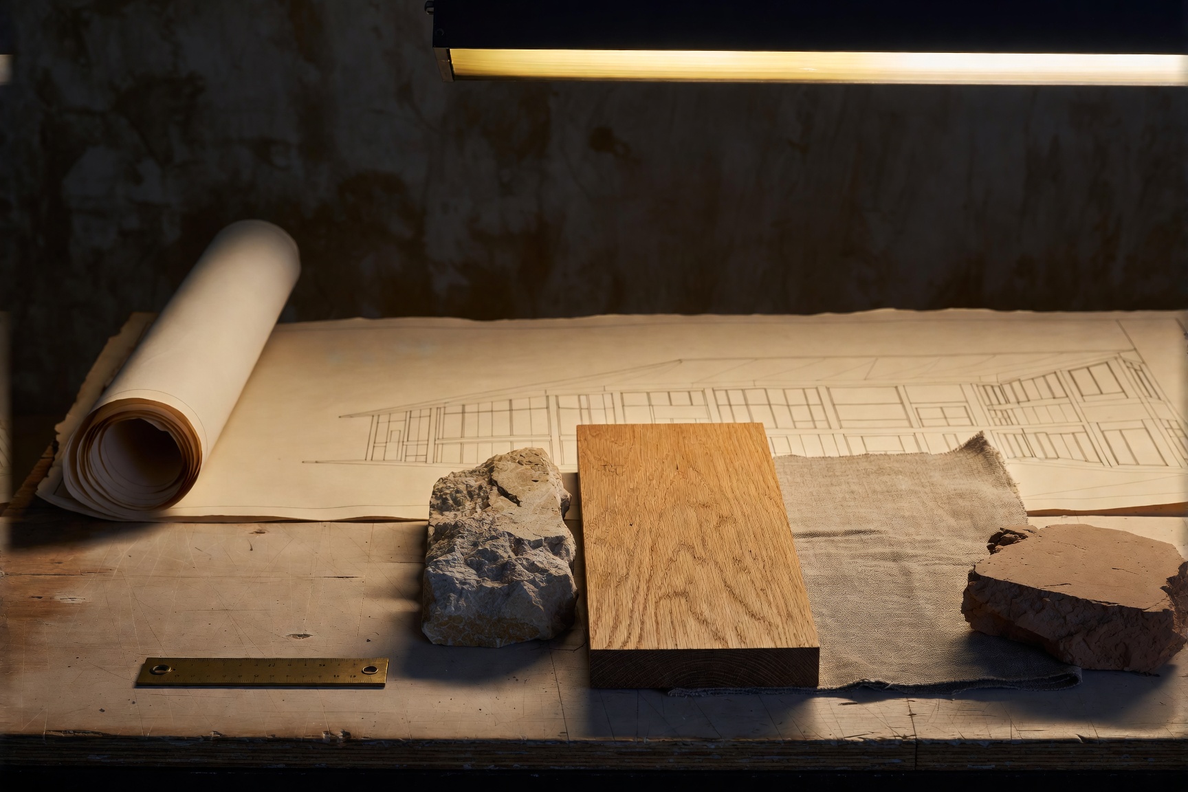 Studio worktable with drawings and material samples